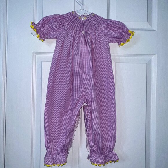 Remember Nguyen Smocked Purple/White Gingham Unicorn Romper Size 9M - Picture 2 of 6